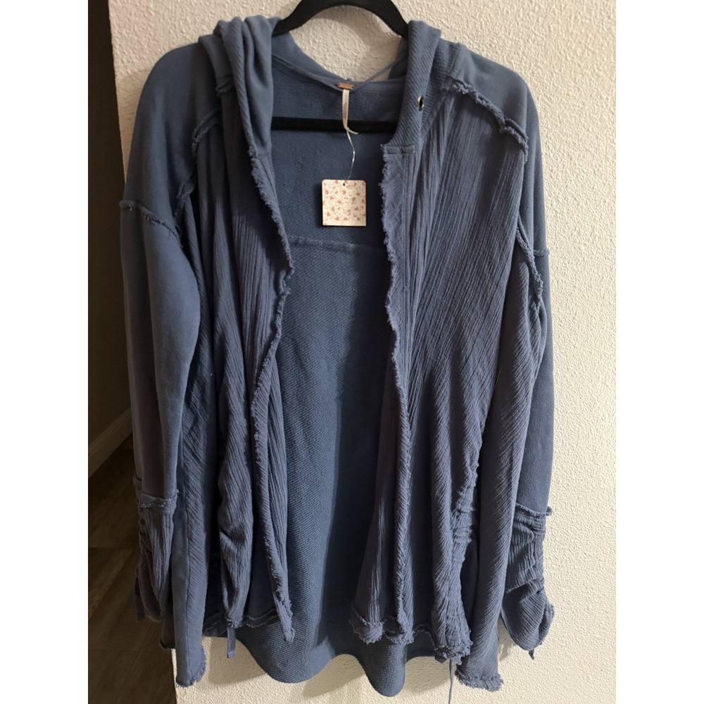 Free People Get Yer Gauze Blue Distressed Ruched Side Lightweight Cardigan S NWT